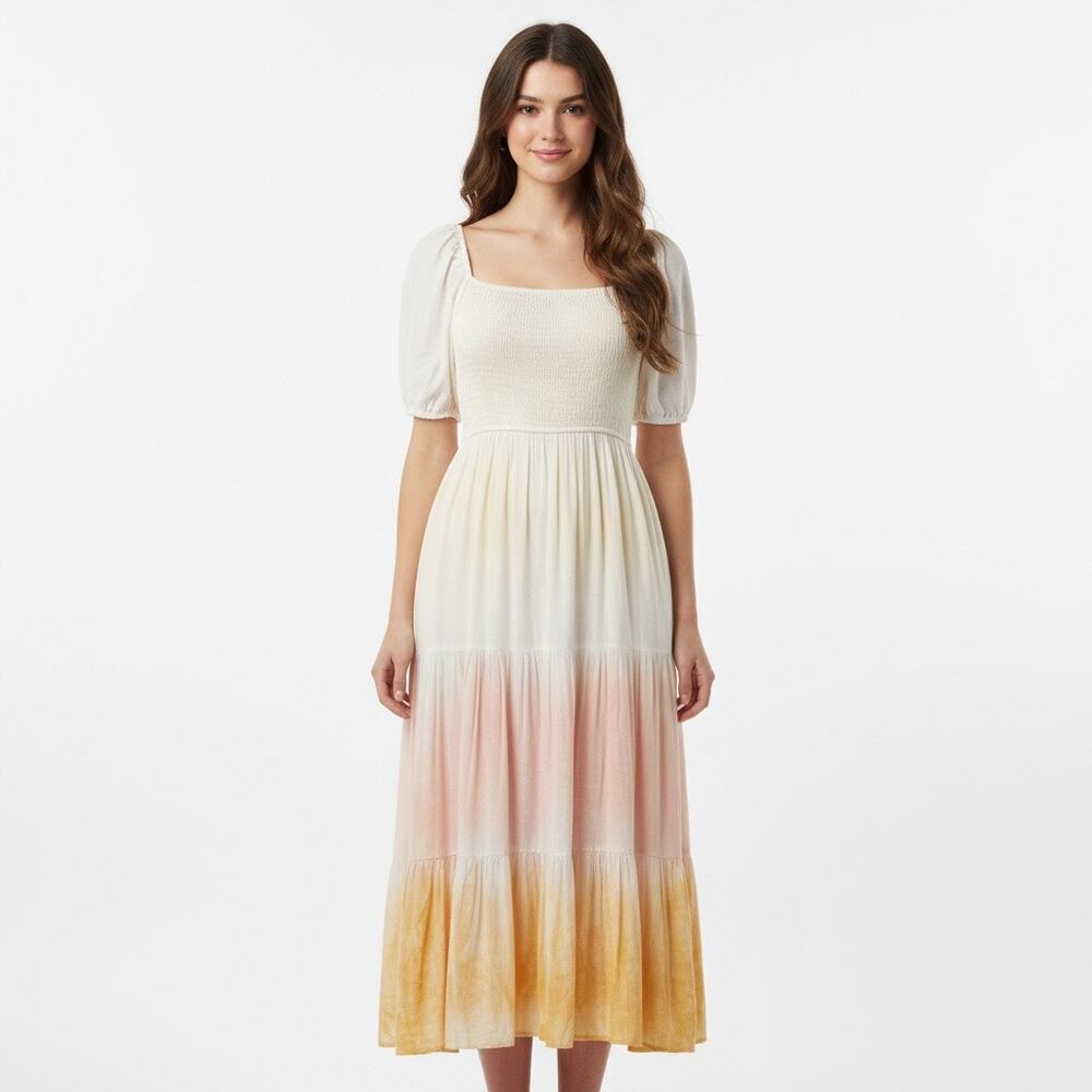 Storia Ombre Tiered Midi Dress Pastel Yellow Smocked Small Cottagecore Spring